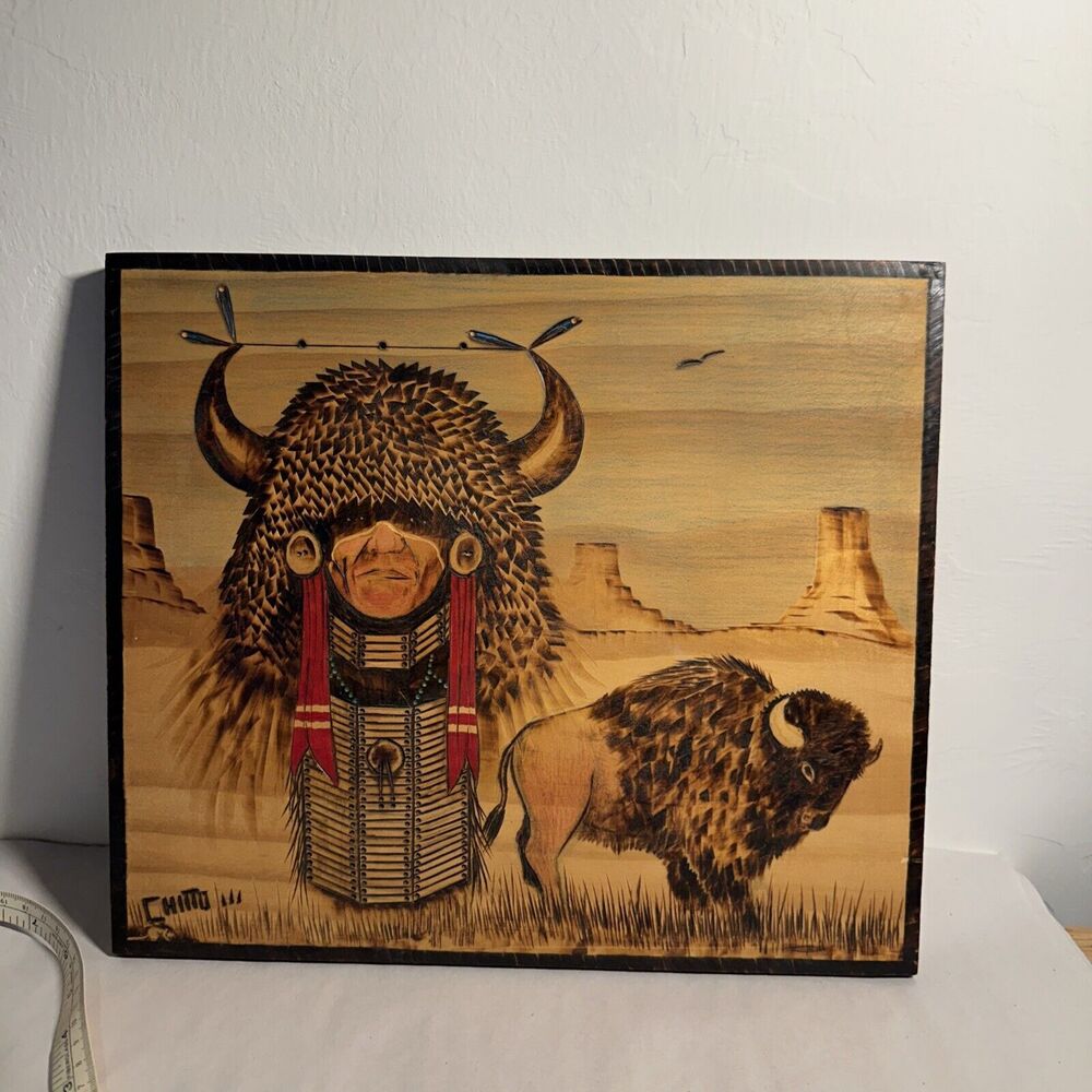 Native American Wood Plank Artwork Buffalo Spirit
